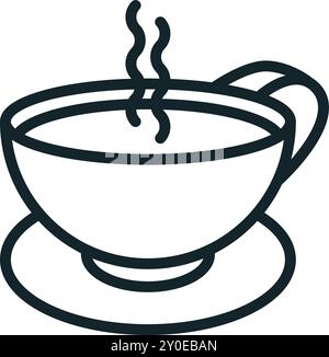 Icône de dessin de trait de boisson chaude vapeur dans une tasse et une soucoupe Illustration de Vecteur