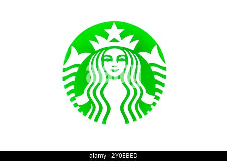 Logo Starbucks Coffee isolé sur fond blanc. Chaîne de cafés Starbucks. Vue rapprochée du logo Starbucks. chaîne de café mondialement connue Banque D'Images