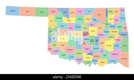 Oklahoma, État américain, subdivisé en 77 comtés, carte politique multicolore avec la capitale Oklahoma City, les frontières et les noms de comté. Banque D'Images