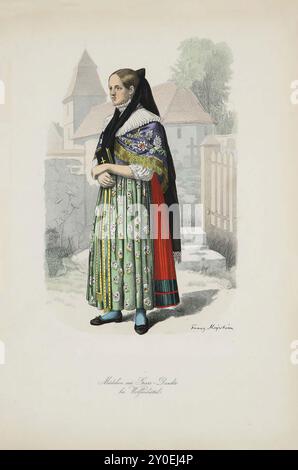 Costumes historiques et folkloriques d'Europe. Fille de Gross-Denkte près de Wolfenbuttel. Les filles des riches fermiers ont généralement les cheveux blonds séparés et peignés en douceur derrière les oreilles des deux côtés ; la tresse est attachée ensemble à l'arrière de la tête et recouverte par le petit chapeau pointu recouvert de soie noire. Du corsage aux pieds, la jupe richement plissée de la plus belle flanelle tombe en été comme en hiver, garnie en bas en deux rangées d’un ruban frisé vert large main ou velours noir. Cette jupe est recouverte d'un long tablier, généralement en soie noire ou colorée, à motifs coulants Banque D'Images