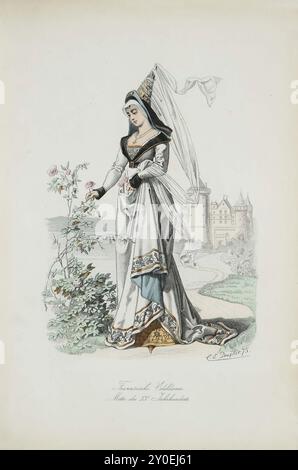 Costumes historiques et folkloriques d'Europe. Noble française. Milieu du XVe siècle. Allemagne. 1876-1878 notre noble porte une coiffe connue sous le nom de hennin (corne, cornet), un bonnet pointu bordé de brocart clair entrelacé d'or. Le large bord, fait de velours noir doublé de soie bleue, tombe dans son dos, s'élargissant vers le bas. À cette époque, il était considéré comme beau d'avoir un front haut et de montrer le moins de cheveux possible, ou pas du tout ; comme déjà mentionné, il était brossé en arrière et rassemblé en un chignon assez haut au sommet de la tête. Le voile tombant diaphane Banque D'Images