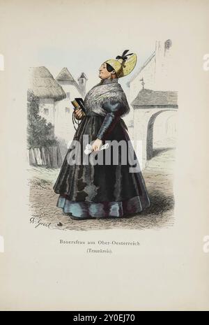 Costumes historiques et folkloriques d'Europe. Paysanne de haute-Autriche (district de Traunkreis). Notre photo montre une «Moarin» (propriétaire de laiterie) en route vers l’église. La robe, qui est juste assez longue pour montrer les pieds, vêtue de soi-disant «chaussures basses», est faite de gros-grain chatoyant (bleu et rouge, rouge-vert, etc.), connu sous le nom de changeant ; elle est fermée jusqu'au cou et décorée de larges bouffées remplies d'eiderdown sur le haut des bras. La robe recouvre en partie un très grand tablier en taffetas noir, et une grande écharpe en soie blanche avec des fleurs brodées colorées est enroulée autour des épaules. Banque D'Images