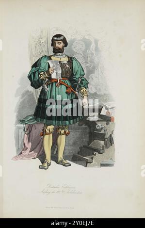 Costumes historiques et folkloriques d'Europe. Noble allemand. Début du XVI siècle. Allemagne. 1876-1878 les cheveux, coupés en forme de ce qu'on appelle Kolbe, correspondent à la barbe carrée, qui est portée dans cette forme. Le sous-vêtement en tissu jaune avec des manches fendues et serrées et un pantalon fendu allant jusqu'au genou, qui sont reliés au sous-vêtement par des nids, est recouvert d'une jupe à manches larges - une tunique pour armure - avec un blason plissé remarquablement long et large, également connu sous le nom de «Schosswamms», qui, couché dans de longs plis réguliers, tombe jusqu'aux genoux. Épée et poignard le sont Banque D'Images