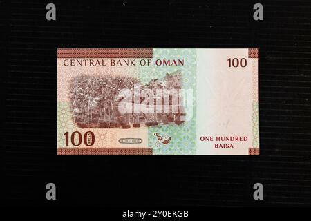 Billet de banque Omani Hundred basia avec des cocotiers (Dhofar), Falaj Al Jeela (Ash Sharqiyah South) série 2020. Banque D'Images