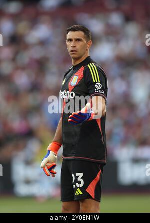 Emiliano Martinez d'Aston Villa. - West Ham United v Aston Villa, premier League, London Stadium, Londres, Royaume-Uni - 17 août 2024. Usage éditorial uniquement - des restrictions DataCo s'appliquent. Banque D'Images