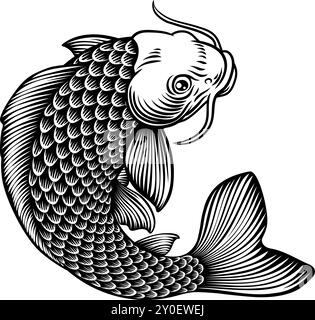 Poisson Koi Carp Japonais Vintage Woodcut Design Illustration de Vecteur