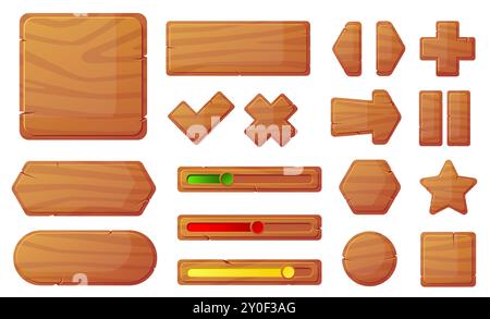 Boutons de jeu en bois. Conception de l'interface utilisateur. Panneaux de lecture. Indicateurs et curseurs de l'interface. Matériau naturel avec texture d'arbre. Symboles de flèche. Cadres en bois. GUI Illustration de Vecteur