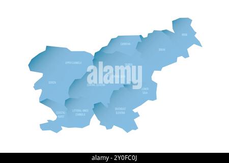 Slovénie carte politique des divisions administratives - régions statistiques. Carte vectorielle ombrée avec dégradé bleu 3D et étiquettes de nom Illustration de Vecteur