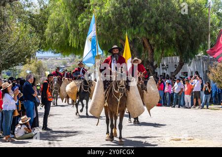 Un gaucho barbu en tenue traditionnelle porte un drapeau argentin à cheval lors d'un défilé à Cachi, en Argentine. Les gardidémontes en cuir de vache protègent Banque D'Images