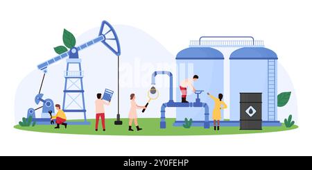 Industrie pétrolière, inspection d'usine de raffinerie par l'équipe d'ingénieurs. De minuscules personnes vérifient la chute de pétrole brut avec la loupe, le pipeline de contrôle et la plate-forme de forage, l'illustration vectorielle de dessin animé d'équipement de raffinage Illustration de Vecteur