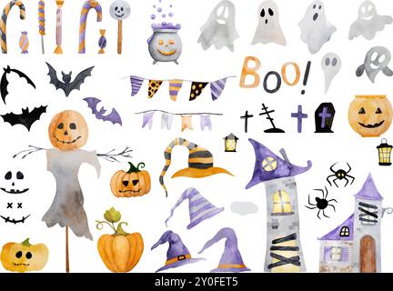 Illustration vectorielle d'aquarelle dessinée à la main présente des éléments individuels sur le thème d'Halloween tels que citrouilles, bonbons, maisons, fantômes, et plus encore pour Halloween Clipart Illustration de Vecteur