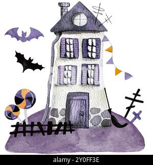 Illustration vectorielle d'aquarelle dessinée à la main présente Une petite maison avec des citrouilles, parfaite comme clipart d'Halloween Illustration de Vecteur