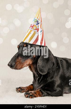 Un vieux teckel mignon dans un chapeau festif lumineux regarde curieusement l'appareil photo. Le chien festif est représenté sur un fond blanc flou Banque D'Images