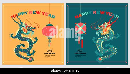 Nouvel an chinois, 2024 nouvel an lunaire asiatique - année du Dragon : éléments chinois traditionnels de dragon et de lanterne dans la décoration géométrique moderne St Illustration de Vecteur