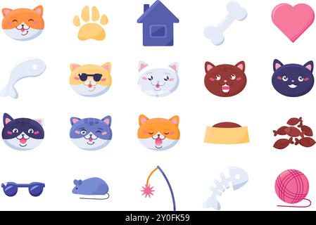 Grand kit de visages drôles de chat, nourriture, jouets et accessoires pour animal de compagnie. Collection de stickers Kitty dans des couleurs claires confortables. Ensemble d'icônes multicolores et sym Illustration de Vecteur