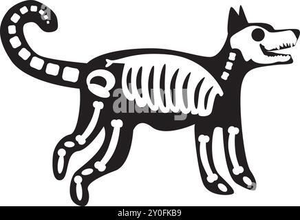 Silhouette Halloween chien en colère avec des os de squelette roentgen, personnage effrayant de conte de fées. Contour d'ombre effrayant de chien en colère. Simple VE noir et blanc Illustration de Vecteur