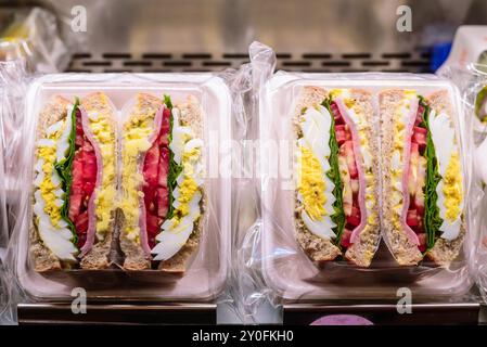 Sandwichs de blé entier côte à côte avec jambon, tomate et œuf bouilli - gros plan des sections coupées sur l'affichage Banque D'Images