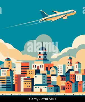 Un avion survole une ville européenne, avec une couleur rétro et un paysage urbain européen stylisé, illustration vectorielle d'un concept de voyage Illustration de Vecteur