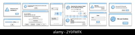 Ensemble de fenêtres contextuelles d'erreur dans le vieux style bleu. Application Chat bot. Illustration de Vecteur
