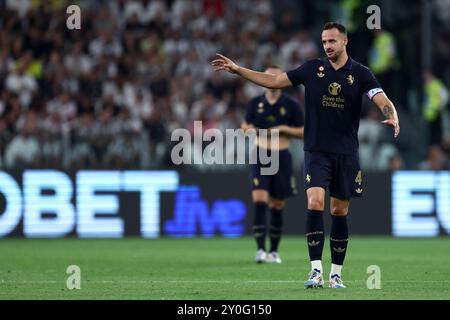 Turin, Italie. 01 Sep, 2024. Federico Gatti de la Juventus FC fait des gestes pendant le match de football de Serie A entre la Juventus FC et l'AS Roma au stade Allianz le 1er septembre 2024 à Turin, Italie . Crédit : Marco Canoniero/Alamy Live News Banque D'Images