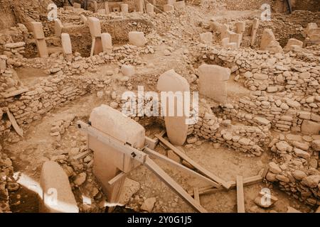 Gobekli Tepe site archéologique néolithique datant de 10 millénium av. J.-C., grandes structures circulaires avec des piliers de pierre massifs, Potbelly Hill, Sanliurf Banque D'Images