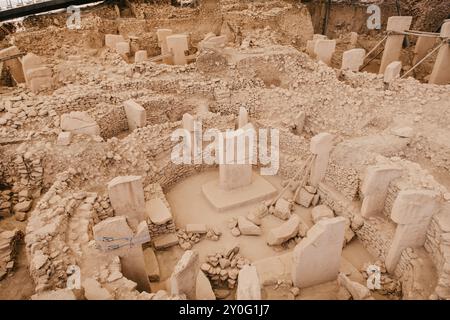 Gobekli Tepe site archéologique néolithique datant de 10 millénium av. J.-C., grandes structures circulaires avec des piliers de pierre massifs, Potbelly Hill, Sanliurf Banque D'Images