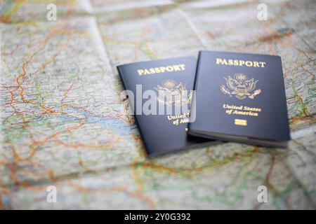 Passeports américains sur Street Map Banque D'Images