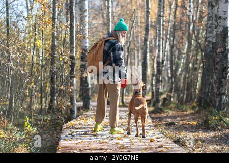 Femme Backpacking se promène avec un chien sur le sentier écologique dans la forêt de bouleaux d'automne. PET sitter, adoption, confiance Banque D'Images