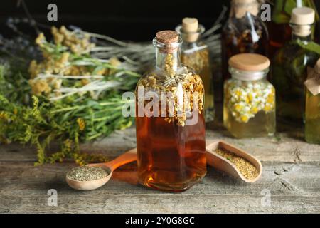 Différentes teintures et herbes sur la table en bois, gros plan Banque D'Images