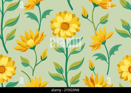 Motif abstrait d'une fleur jaune vif en relief fleuri avec des feuilles vertes. Illustration de conception de tissu textile image numérique pour l'impression de tissu. Illustration de Vecteur