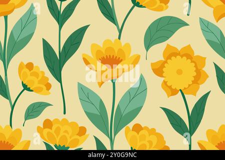 Motif abstrait d'une fleur jaune vif en relief fleuri avec des feuilles vertes. Illustration de conception de tissu textile image numérique pour l'impression de tissu. Illustration de Vecteur