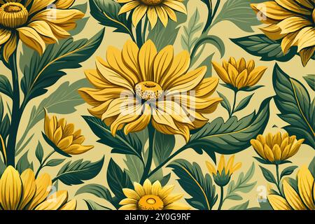 Motif abstrait d'une fleur jaune vif en relief fleuri avec des feuilles vertes. Illustration de conception de tissu textile image numérique pour l'impression de tissu. Illustration de Vecteur