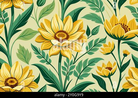 Motif abstrait d'une fleur jaune vif en relief fleuri avec des feuilles vertes. Illustration de conception de tissu textile image numérique pour l'impression de tissu. Illustration de Vecteur