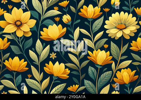 Motif abstrait d'une fleur jaune vif en relief fleuri avec des feuilles vertes. Illustration de conception de tissu textile image numérique pour l'impression de tissu. Illustration de Vecteur