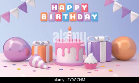 Joyeux gâteau d'anniversaire. Carte bannière avec ballon de célébration et texte, message de voeux amusant jour de naissance, confettis de couleur. Elément isolé de rendu brillant 3D mignon. Modèle de vecteur de conception d'affiche horizontale de partie Illustration de Vecteur