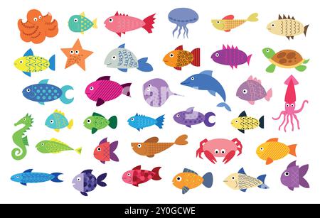 Ensemble de poissons mignons. Différents poissons colorés, étoiles de mer, pieuvre drôle et calmars. personnages tropicaux sous-marins, décor enfantin, créatures aquatiques tropicales. Illustration isolée de style plat de dessin animé vectoriel Illustration de Vecteur
