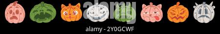 Citrouille d'Halloween. Visage souriant. Emoji effrayant d'octobre. Joyeux personnage orange jack. Nourriture végétale mignonne. Émoticône de courge lanterne. Expression triste ou souriante. Automne smiley en colère. Icônes effrayantes vectorielles définies Illustration de Vecteur