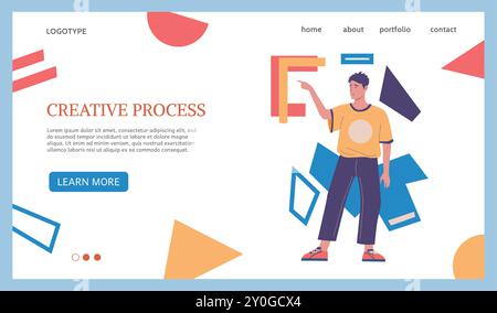 Page d'accueil du processus créatif. Remue-méninges sur le travail d'entreprise. Homme d'affaires trouvant l'idée innovante. Modèle de conception de site Web. Homme avec des puzzles et des formes abstraites. Défi de créativité. Arrière-plan vectoriel Web Illustration de Vecteur