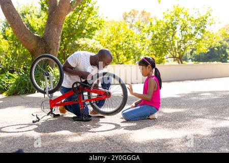 Fixation vélo, père et fille travaillant ensemble à l'extérieur dans la cour arrière Banque D'Images