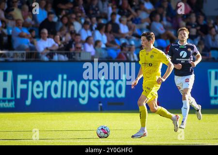 Drammen, Norvège, 1er septembre 2024. Sondre Brunstad FET de Bodø/Glimt sur le ballon dans le match Eliteserien entre Strømsgodset et Bodø/Glimt au stade Marienlyst. Crédit : Frode Arnesen/Alamy Live News Banque D'Images