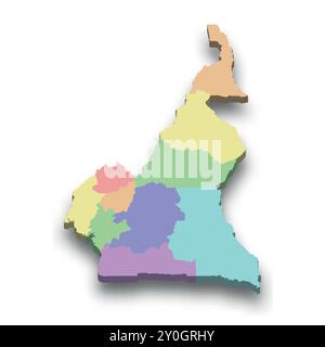 Carte colorée isométrique 3d du Cameroun avec frontières de régions Illustration de Vecteur