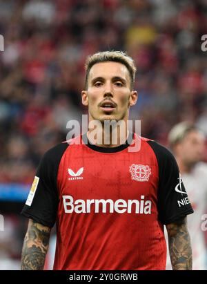 BayArena Leverkusen Allemagne, 31.8,2024, Football : Bundesliga saison 2024/25 match jour 2, Bayer 04 Leverkusen (B04) vs Rasenballsport Leipzig (RBL) - Alejandro Grimaldo (B04) Banque D'Images