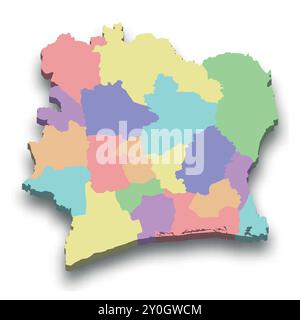 Carte colorée isométrique 3d de Côte d'Ivoire avec frontières de régions Illustration de Vecteur