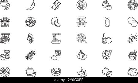 Icônes de nourriture thaïlandaise Collection d'icônes vectorielles de haute qualité avec Stroke modifiable. Idéal pour les projets professionnels et créatifs. Illustration de Vecteur