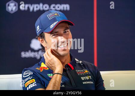 Sergio Perez lors de la conférence de presse de formule 1 Pirelli Gran Premio d’Italia 2024 le 29 août 2024, Monza, Italie. Banque D'Images