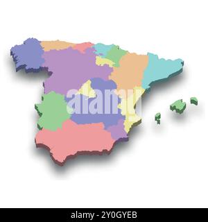 Carte colorée isométrique 3d de l'Espagne avec les frontières des régions Illustration de Vecteur