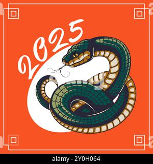 Bannière du nouvel an du calendrier chinois 2025. Symbole zodiaque horoscope serpent en bois vert mignon. Astrologie lunaire asiatique pour carte de voeux, couverture, autocollant. Illustration vectorielle. Illustration de Vecteur