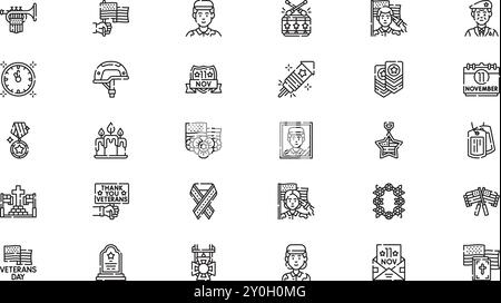 Icônes de jour des vétérans Collection d'icônes vectorielles de haute qualité avec Stroke modifiable. Idéal pour les projets professionnels et créatifs. Illustration de Vecteur