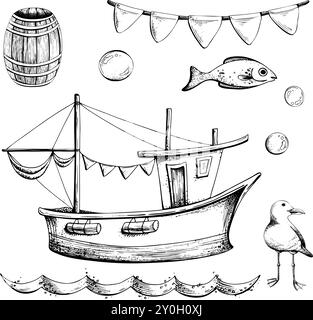 Bateau de pêche voilier avec guirlande de drapeaux, tonneau en bois, poissons, mouette, bulles et vagues de mer. Dessin graphique au trait dessiné à la main en noir et blanc Illustration de Vecteur