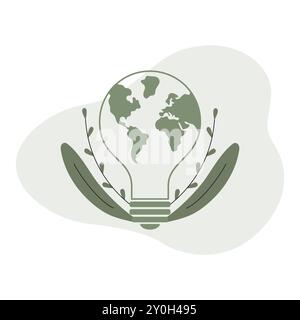 Ampoule avec design de terre entouré de feuilles sur fond vert Illustration de Vecteur